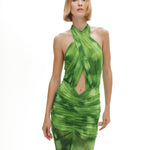 Yeşil tül kumaş büzgü detaylı göğüs dekolteli transparan maksi elbise