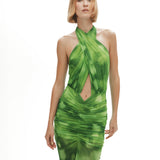 Yeşil tül kumaş büzgü detaylı göğüs dekolteli transparan maksi elbise