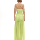 Lime rengi büzgü detaylı bel dekolteli maksi straplez elbise