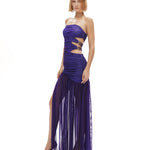 Mor büzgü detaylı bel dekolteli maksi straplez elbise