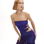 Mor büzgü detaylı bel dekolteli maksi straplez elbise