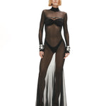 Siyah büzgü detaylı dik yaka transapan maksi elbise