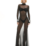 Siyah büzgü detaylı dik yaka transapan maksi elbise