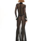 Siyah büzgü detaylı dik yaka transapan maksi elbise