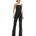 Siyah ayarlanabilir kemer detaylı flared tulum