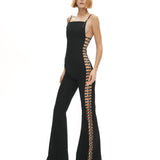 Siyah ayarlanabilir kemer detaylı flared tulum