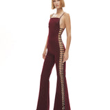 Bordo ayarlanabilir kemer detaylı flared tulum