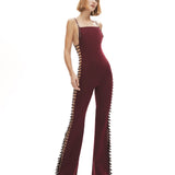 Bordo ayarlanabilir kemer detaylı flared tulum