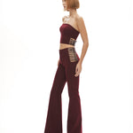 Bordo straplez yaka suni kemer detaylı top