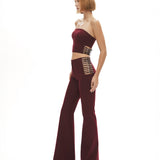 Bordo straplez yaka suni kemer detaylı top