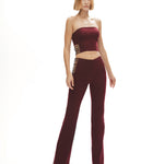 Bordo straplez yaka suni kemer detaylı top