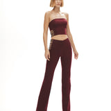 Bordo straplez yaka suni kemer detaylı top