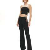 Siyah straplez yaka suni kemer detaylı top