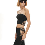 Siyah straplez yaka suni kemer detaylı top