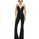 Siyah derin v yaka dekolteli ispanyol paça tulum