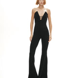 Siyah derin v yaka dekolteli ispanyol paça tulum