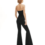 Siyah derin v yaka dekolteli ispanyol paça tulum