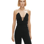 Siyah derin v yaka dekolteli ispanyol paça tulum