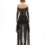 Mor kayık yaka transparan çıkarılabilir etekli allerli elbise