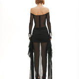 Mor kayık yaka transparan çıkarılabilir etekli allerli elbise