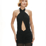 Siyah tül kumaş büzgü detaylı göğüs dekolteli transparan maksi elbise