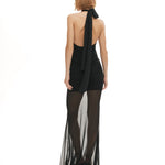 Siyah tül kumaş büzgü detaylı göğüs dekolteli transparan maksi elbise