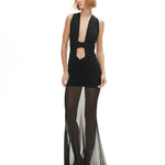 Siyah tül kumaş büzgü detaylı göğüs dekolteli transparan maksi elbise