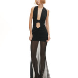 Siyah tül kumaş büzgü detaylı göğüs dekolteli transparan maksi elbise