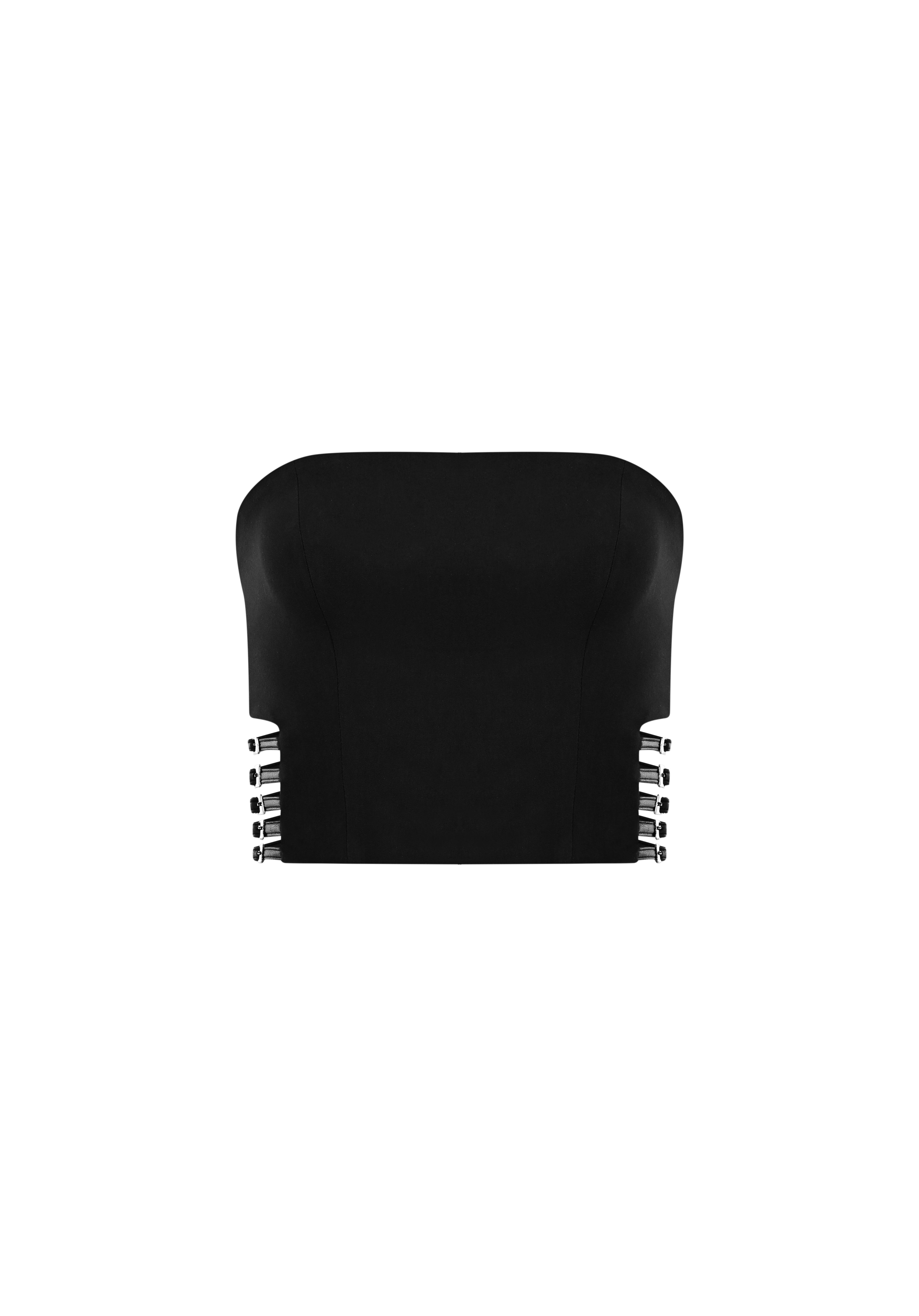 Siyah straplez yaka suni kemer detaylı top