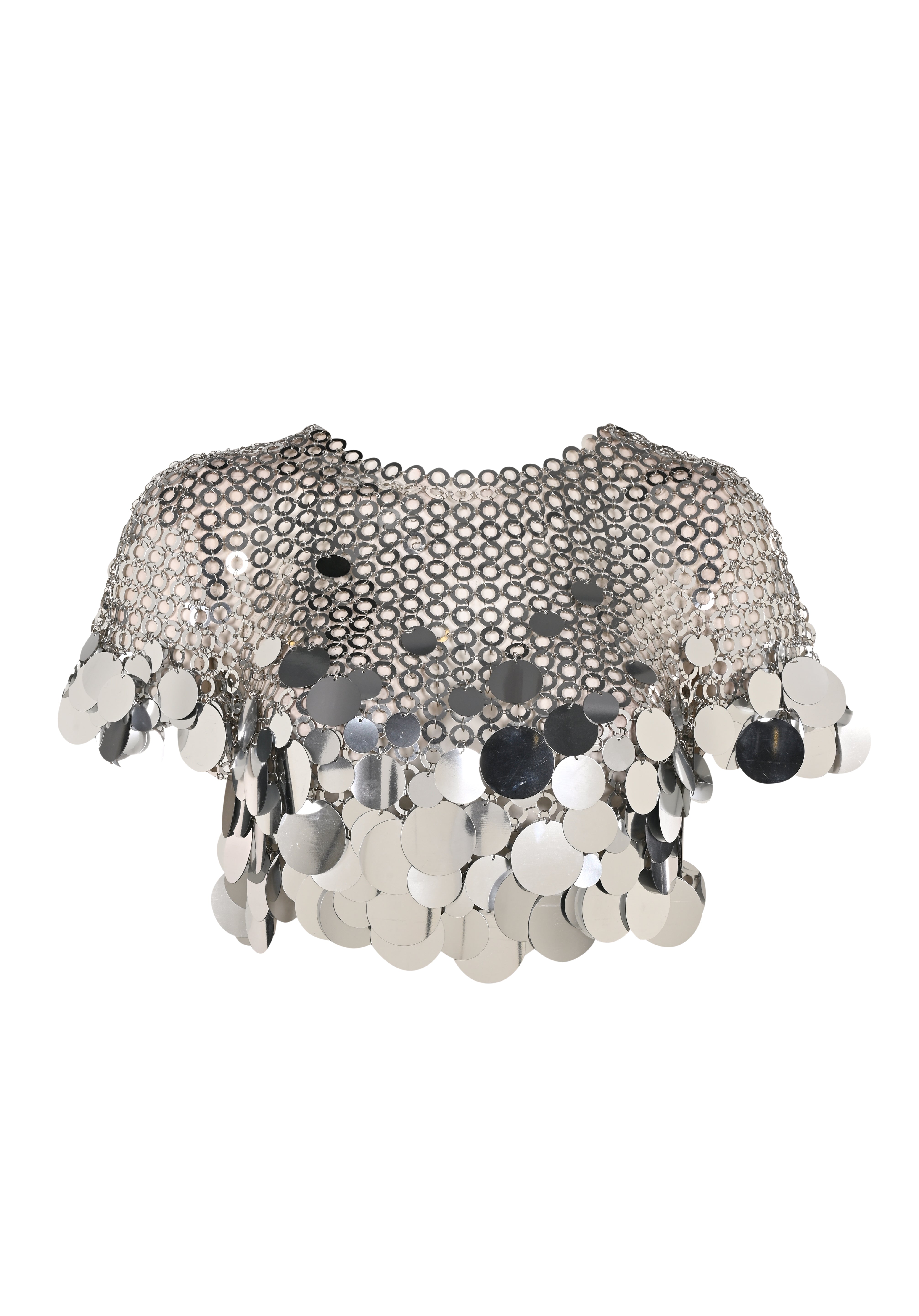 Parlak metal disk süslemeli zincir detaylı metal crop top