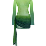 Yeşil degrade tül uzun kollu asimetrik etekli mini elbise