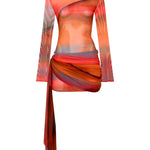 Turuncu degrade tül uzun kollu asimetrik etekli mini elbise