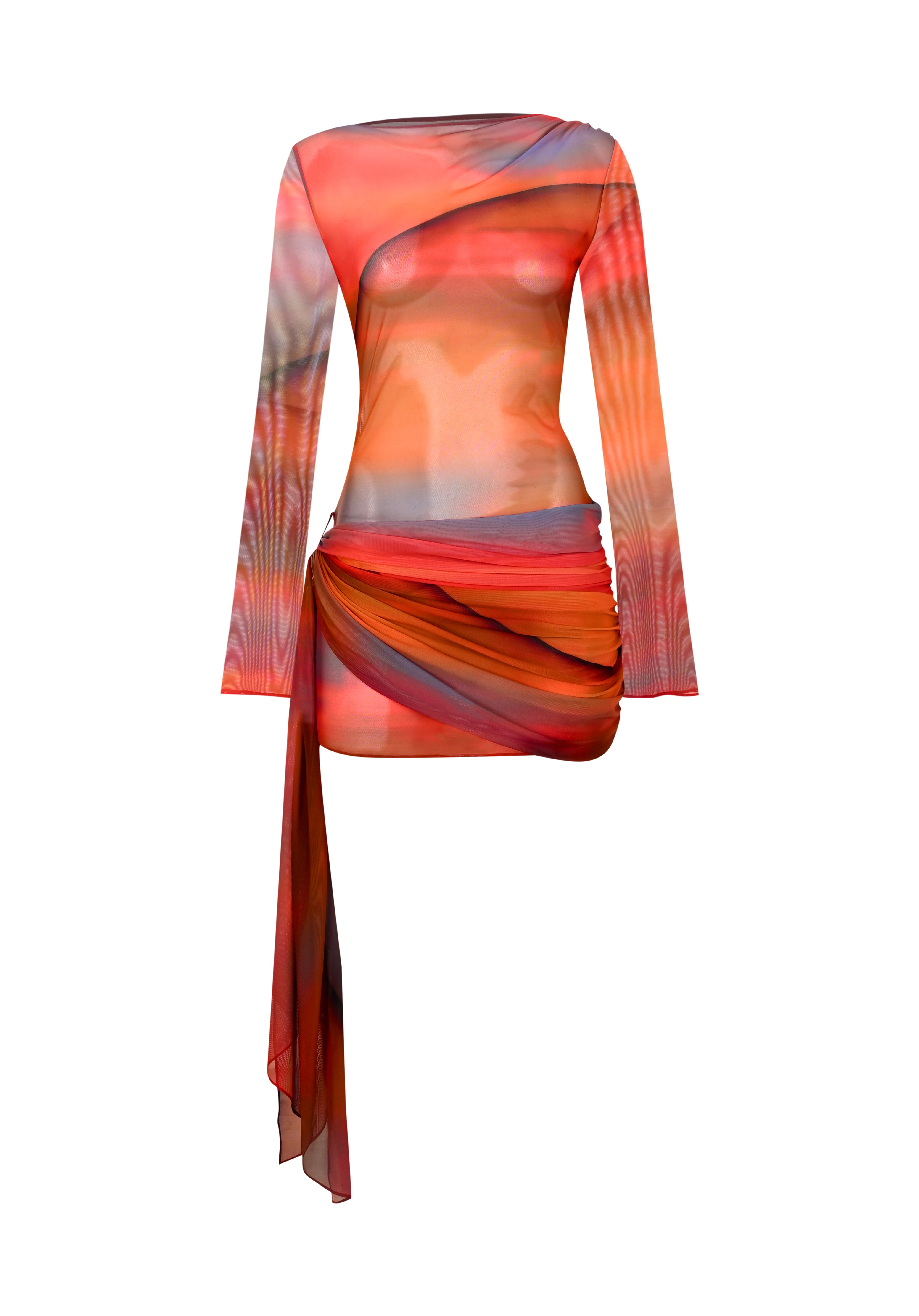 Turuncu degrade tül uzun kollu asimetrik etekli mini elbise