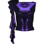 Mor jarse kumaş çiçek detaylı kolsuz top