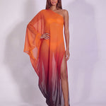 Khela Sun Drunk Dress turuncu degrade desenli tek omuz transparan tül maxi elbise