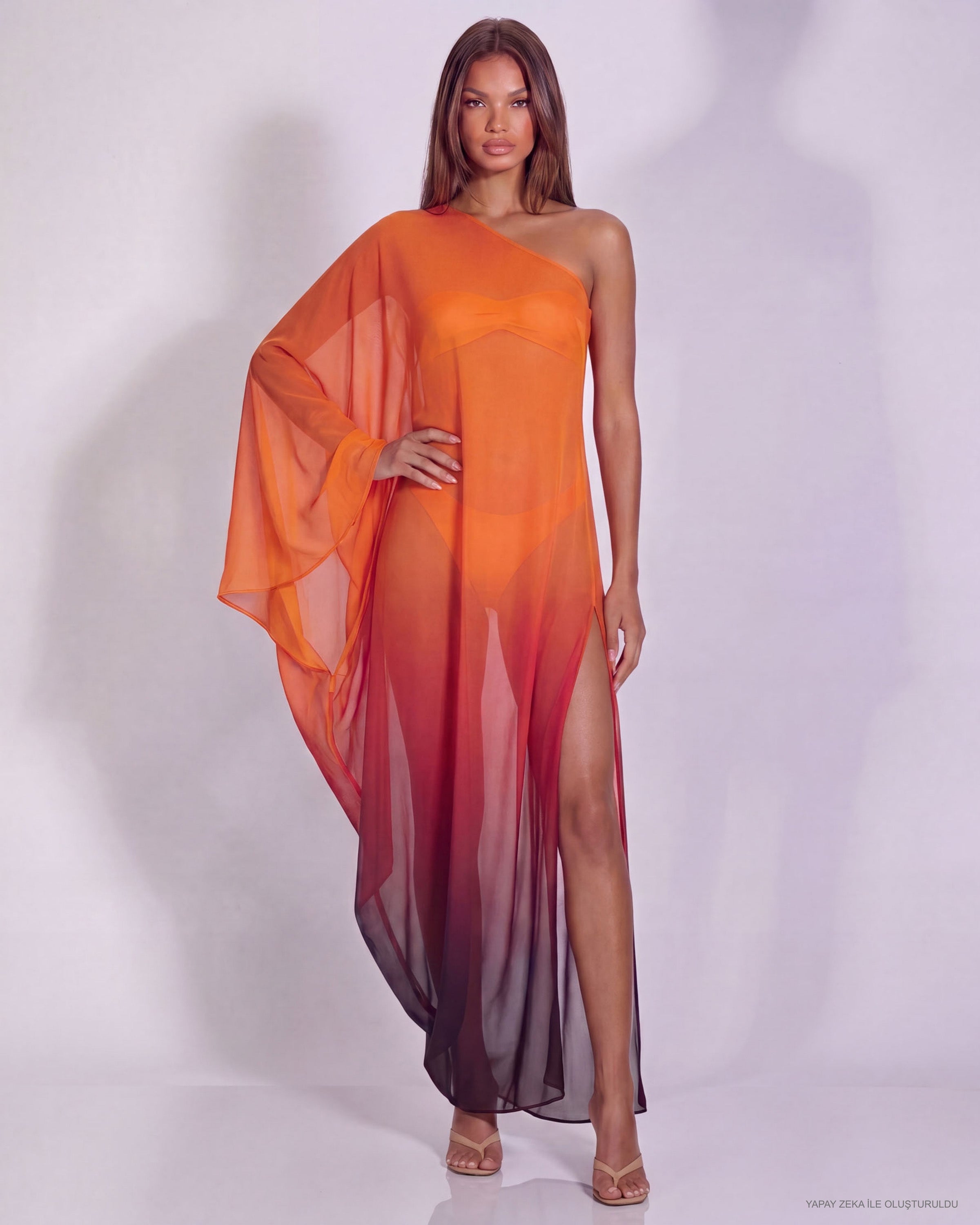 Khela Sun Drunk Dress turuncu degrade desenli tek omuz transparan tül maxi elbise