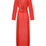 Kırmızı şifon uzun kollu bağlamalı maksi plaj elbisesi