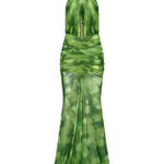 Yeşil tül kumaş büzgü detaylı göğüs dekolteli transparan maksi elbise