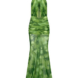 Yeşil tül kumaş büzgü detaylı göğüs dekolteli transparan maksi elbise