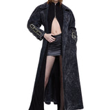 Khela siyah eskitme kumaş uzun trençkot