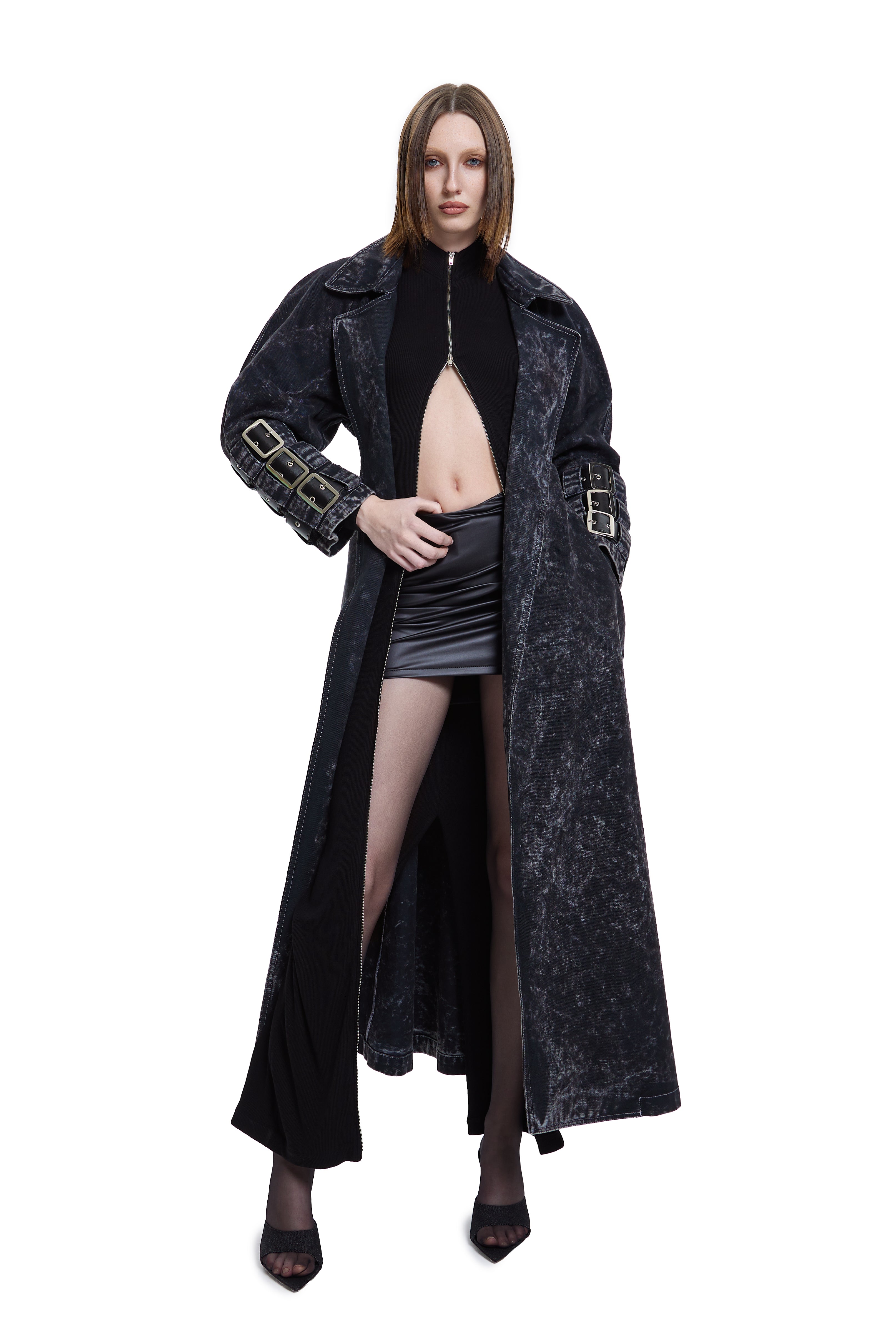 Khela siyah eskitme kumaş uzun trençkot