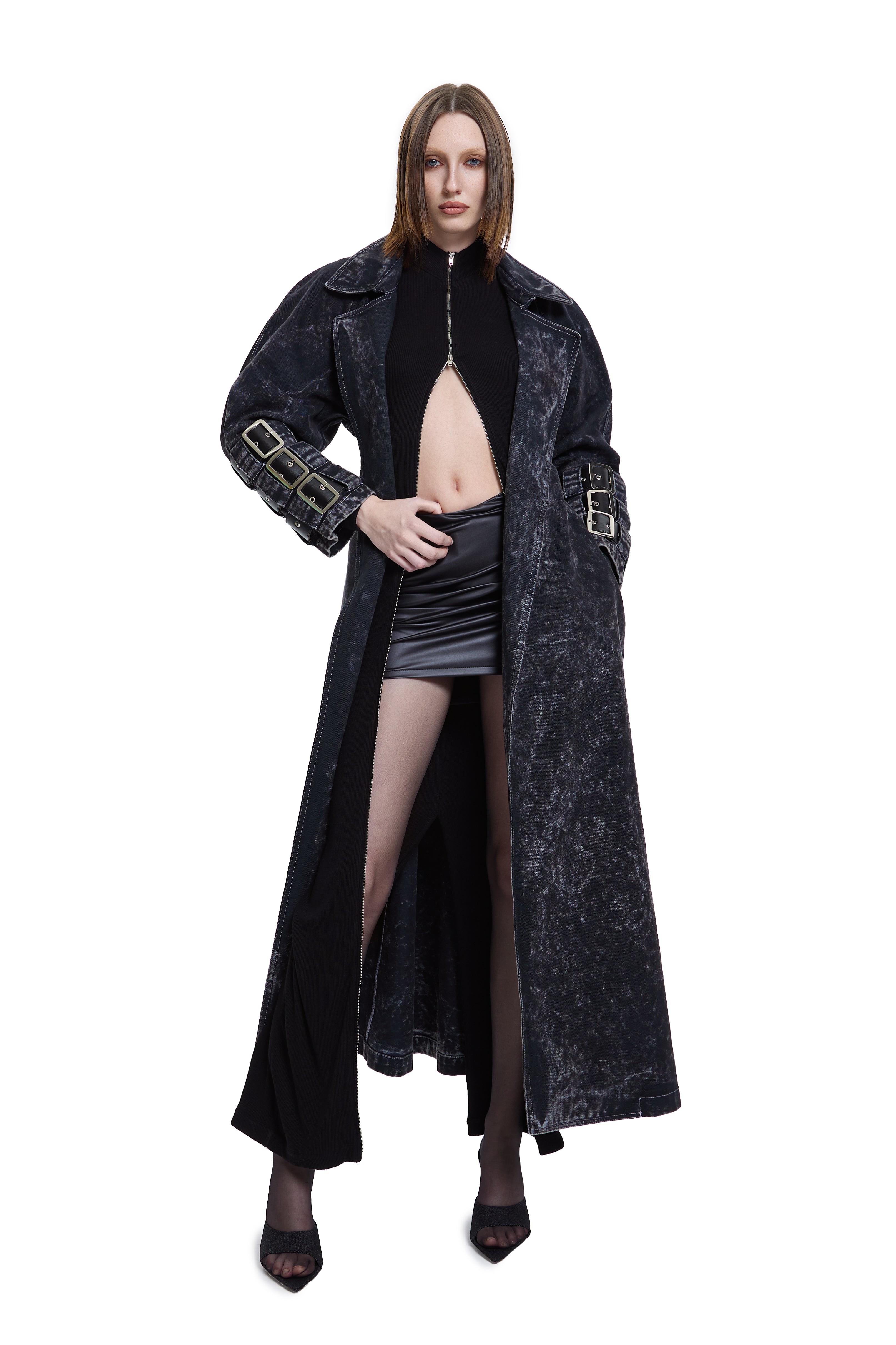 Khela siyah eskitme kumaş uzun trençkot