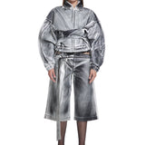 Khela bel dekolteli demir tokalı gri denim bermuda