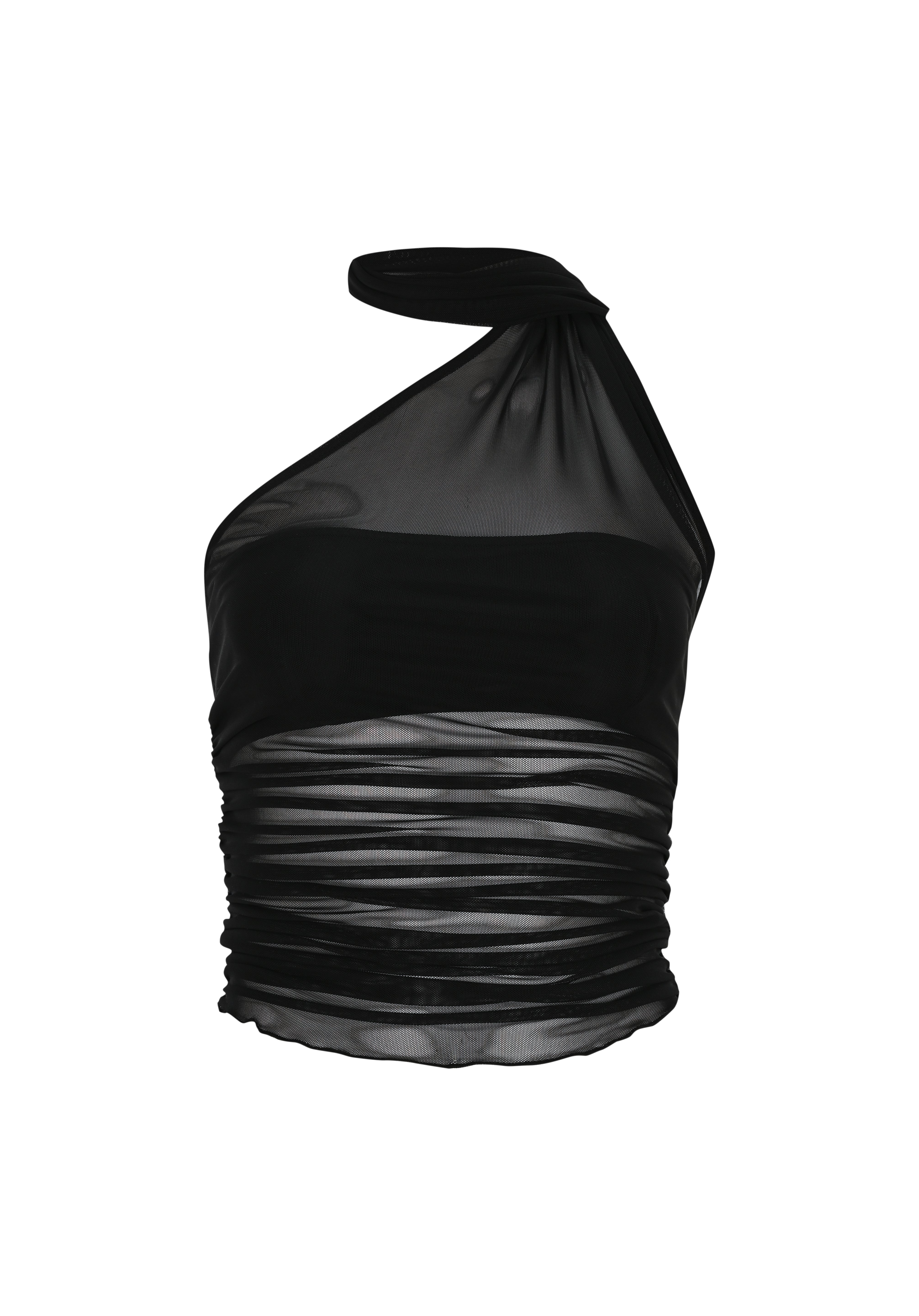 Siyah straplez astarlı tek omuz detaylı tül top