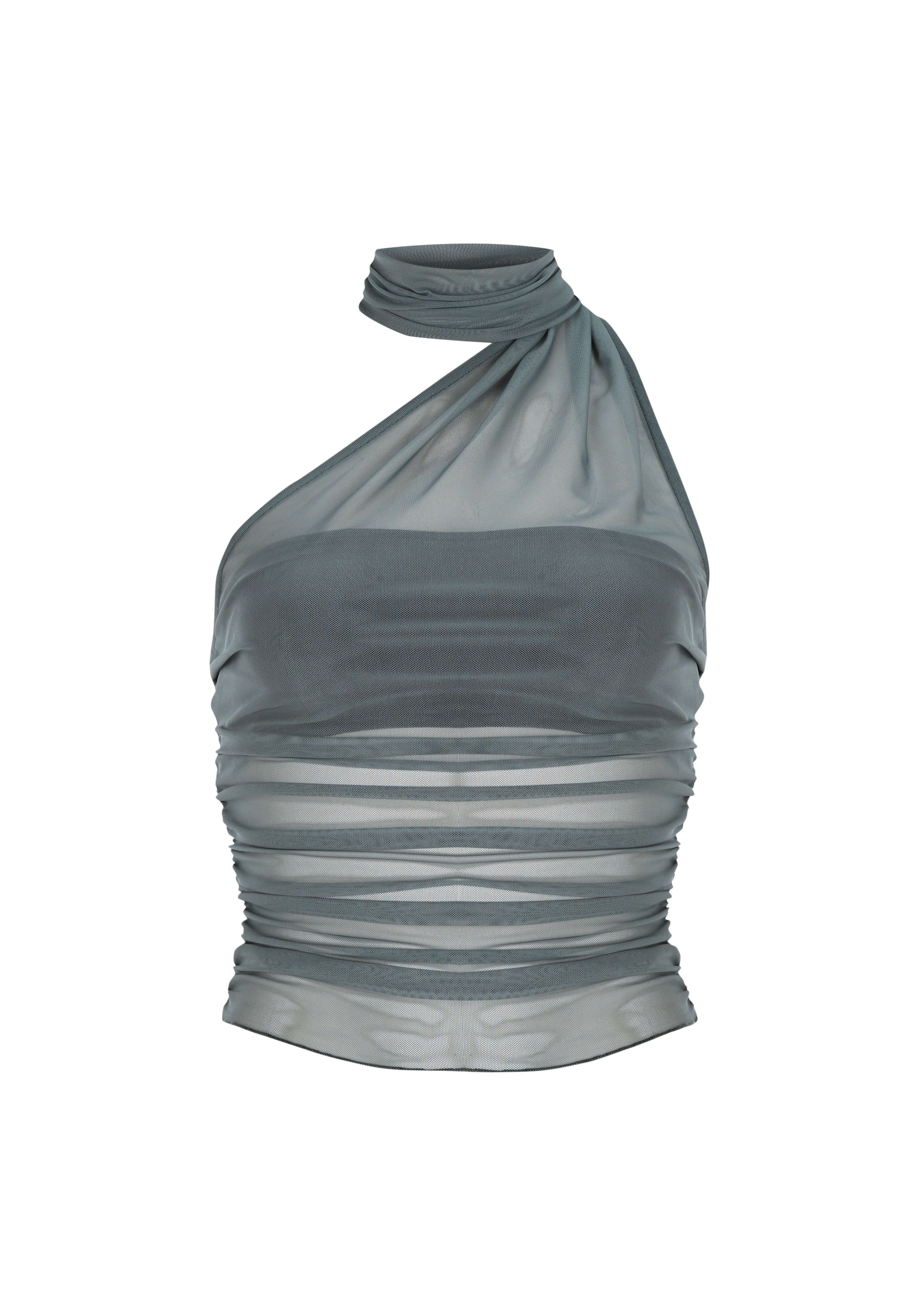 Gri straplez astarlı tek omuz detaylı tül top