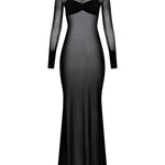 Siyah büzgü detaylı dik yaka transapan maksi elbise