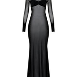 Siyah büzgü detaylı dik yaka transapan maksi elbise