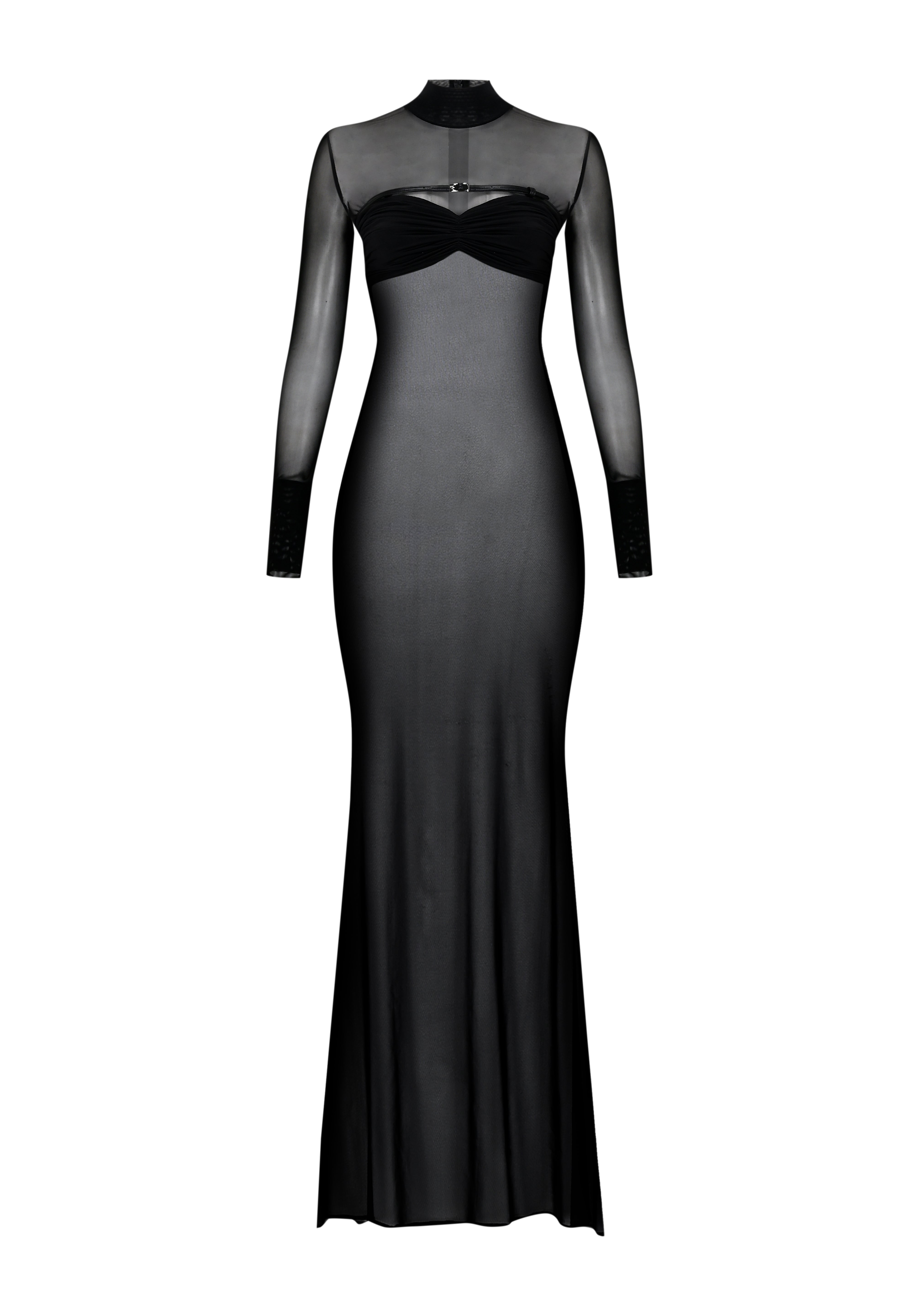 Siyah büzgü detaylı dik yaka transapan maksi elbise