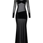 Siyah büzgü detaylı dik yaka transapan maksi elbise