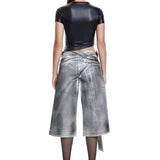 Khela bel dekolteli demir tokalı gri denim bermuda